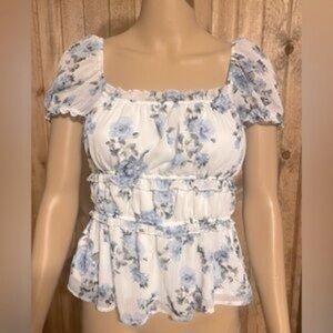 Miami Floral Puff Sleeve Blouse - White and Blue (Fully Lined)